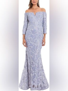 Xscape Off The Shoulder Long Sleeve Lace Trumpet Gown | Size 14 | Blue